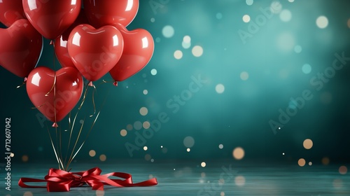 A dark teal celebration backdrop with copy space has a red hearts balloon decorated with ribbons, Generative AI.