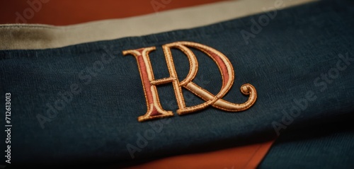  a close up of a person's name on a blue and orange jacket with the letter r in the middle of the chest and the letter r on the back of the jacket.