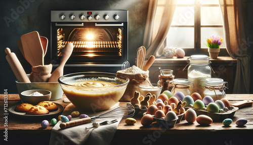 Cuisine avec œufs en chocolat, lapin en chocolat, peint et coloré pour les fêtes de paques image idéale pour illustrer et célébrer paques 
