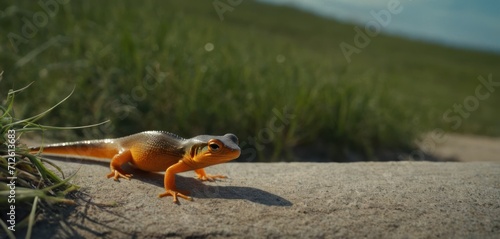  a close up of a small lizard on a rock with grass in the back ground and a hill in the back ground and a blue sky in the back ground.