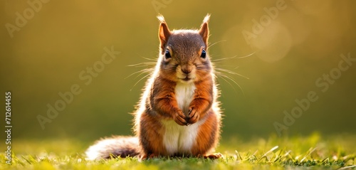  a red squirrel standing on its hind legs in the grass with its front paws on it's hind legs, with a blurred background of green grass and sunlight.