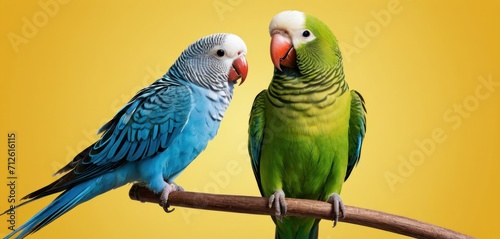  two green and blue parakeets sitting on a branch looking at each other with a yellow backround behind them and a yellow backround behind them.