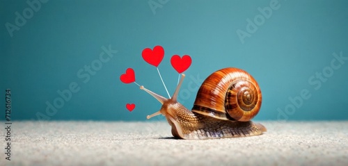  a snail with a bunch of red hearts on it's back sitting on the ground with a stick in it's mouth in front of a blue background.