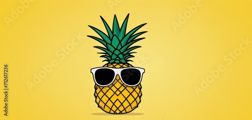 a pineapple with sunglasses on it's head and a pair of sunglasses on it's head, on a yellow background, with a black outline of the image of a pineapple.