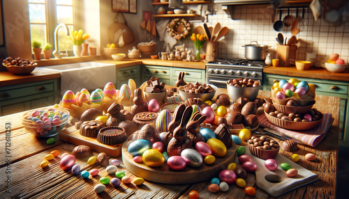 Cuisine avec œufs en chocolat, lapin en chocolat, peint et coloré pour les fêtes de paques image idéale pour illustrer et célébrer paques 