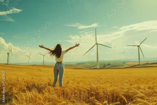 Cinematic shot of carefree young father engineer keeping his daughter for hand and showing windmill field. AI generated illustration