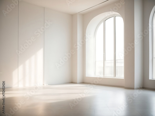 Empty, minimal white room with interesting glare from the window. Interior background for the presentation design.