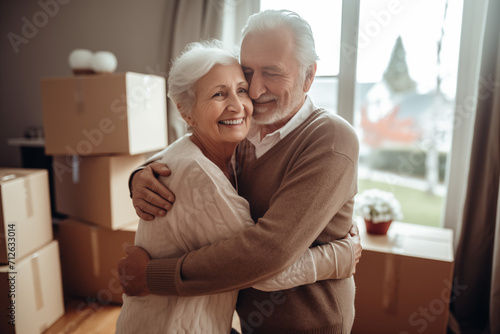 Happy elderly old couple in living room with packing boxes in background generative ai