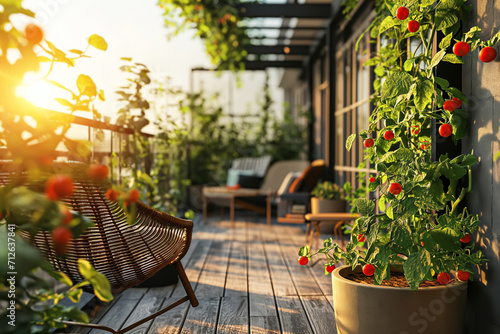 Cherry Tomato Plants on a Balcony Garden at Sunset