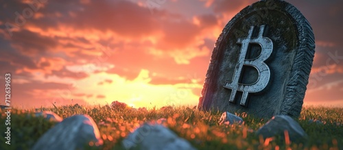 Bitcoin logo on tombstone in grass against dramatic sky.
