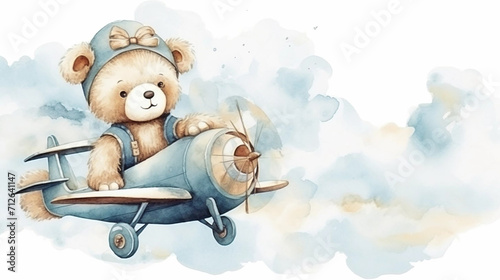 copy space, birthday card in watercolor style, pastel blue colors and golden glitters, sweet bear cub flying a vintage double-decker plane. Cute birth announcement card. Template voor birth cards, cut