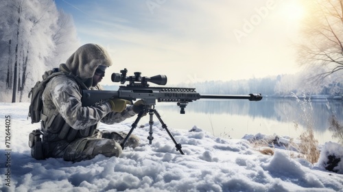 Close-up of skilled army sniper aiming with optical sight. Army elite troops marksman. Sports shooting and hunting concept. Military operation. Winter. Illustration for banner, poster, cover, brochure