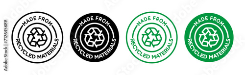 Made from recycled materials icon set. 100% Recycled Material stamp vector symbol in a black filled and outlined style. Plastic waste Recycle Sign.