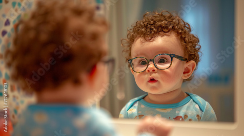 A heart-melting moment captured in a photograph, featuring a baby with curly hair and glasses, gazing curiously at a mirror, exploring their own reflection with innocence and fasci