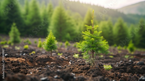 Planting new trees in an open area, coniferous saplings in fresh new soil in a forest.