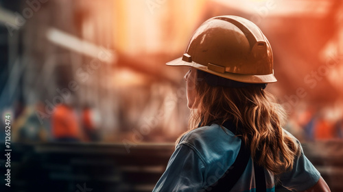 Skilled construction woman worker with a hard hat, building site. Generative AI