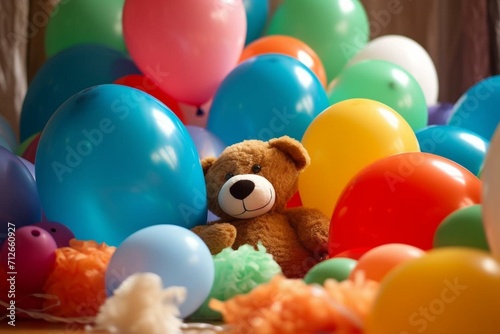 Many vibrant balloons and a cuddly toy. Generative AI