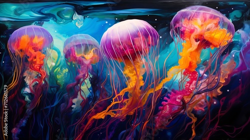 Oil is used to abstract the colors of underwater jellyfish.