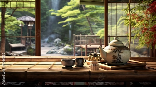 A tea ceremony set in a traditional Japanese tea house, with a blurred bamboo garden in the background