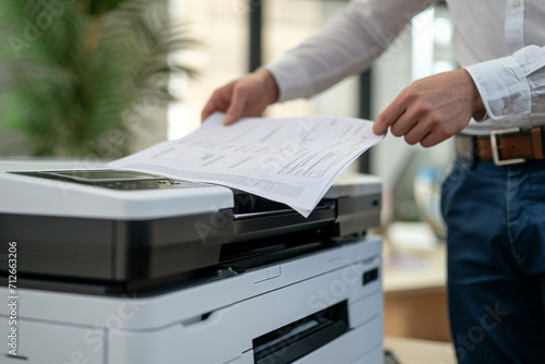 Efficient office workflow: Businessman printing documents on a multifunction laser printer. Secretary's essential tasks, utilizing copy, print, scan, and fax technology.