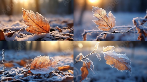 autumn leaves in the snow forest with closeup view 