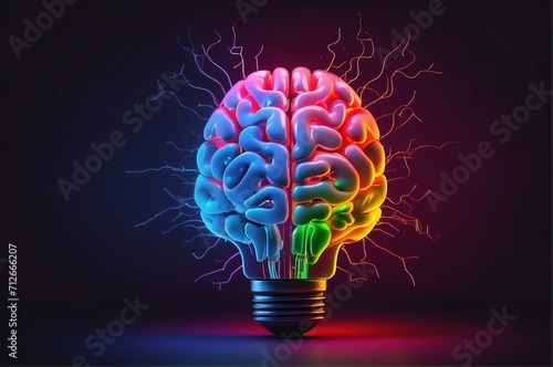 Creative Neon Color Brain Lightbulb On Dark Background