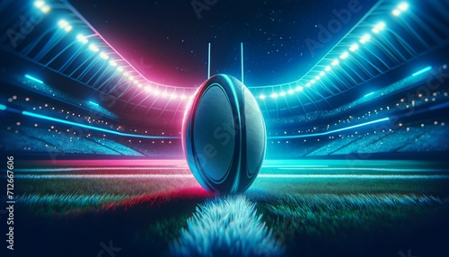 Neon rugby ball on a stadium field with dynamic red and blue lighting effects at night, symbolizing energy and motion.