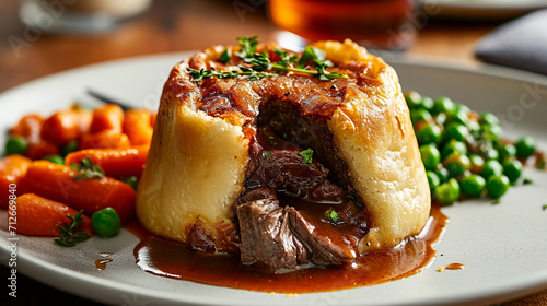 Traditional British dish steak and kidney pudding in suet pastry with gravy served on a plate. Delicious hearty comfort food