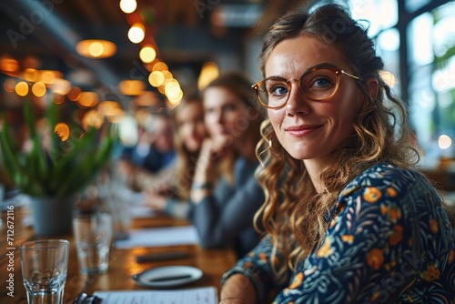 Close-up of a woman at a company lunch. Informal meeting concept