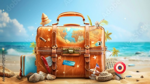 Vintage travel suitcase with summer beach background