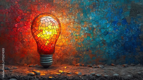 Stained glass window background with colorful Light bulb abstract.