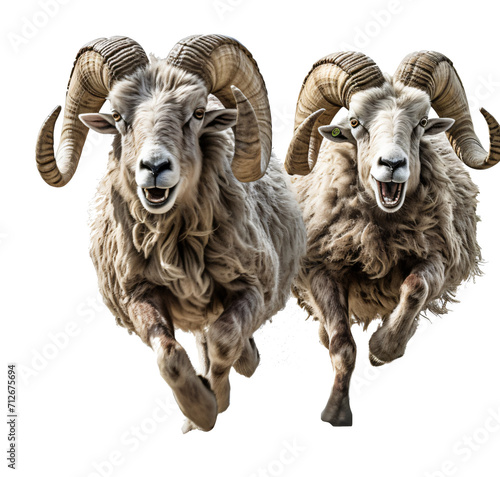 Running sheep, rams isolated on the transparent background PNG.