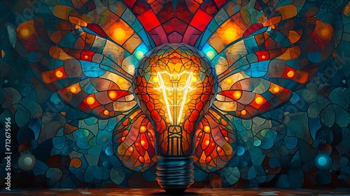 Stained glass window background with colorful Light bulb abstract. 