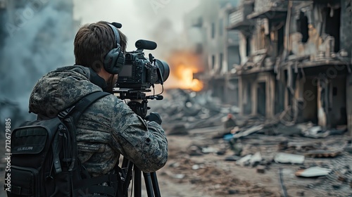 War reporter broadcasting live from a conflict zone.