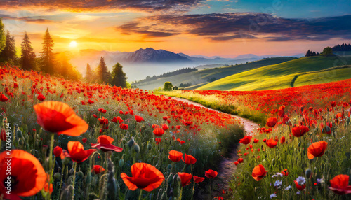 Impresyjny obraz, górzysty krajobraz z kwiatami czerwonych maków