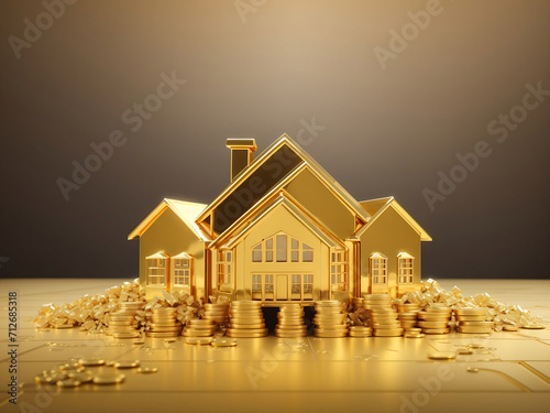 Gold real estate house investment property business on a golden background design.