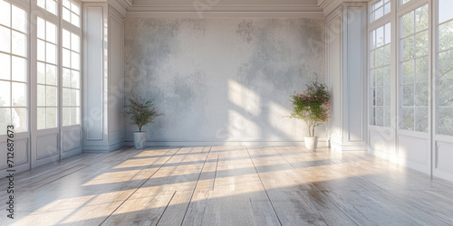 Leerer Raum aus weißem Beton mit Holzböden