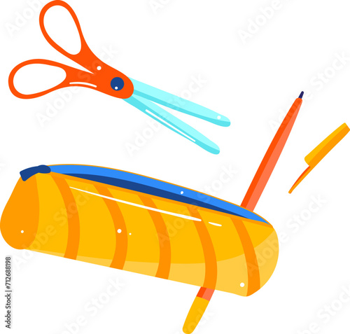Bright scissors, pencil, pen and pencil case on white background. School supplies floating in mid-air. Education and back to school vector illustration.