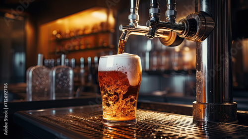 Beer from row of taps filling glass against bar background, mug beer with foam