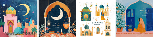 Ramadan Kareem. Eid Mubarak. Vector cute illustration of a muslim city with a mosque and a crescent, an arch with a carpet and a lantern, and a Muslim woman in a headscarf for a greeting card, 