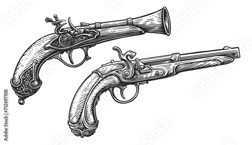 Ancient musket pistol with wooden grip. Flintlock gun sketch. Hand drawn sketch vintage vector illustration