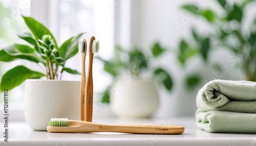Bamboo toothbrushes in holder, towel, houseplant, Clean, white bathroom