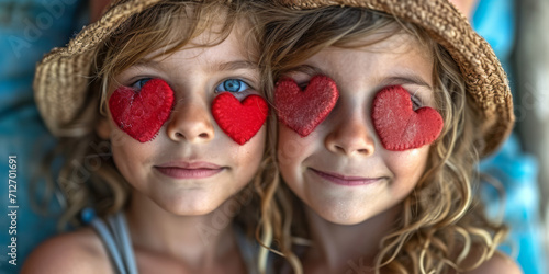 Zwei kleine Kinder posieren mit großen Herzen im Gesicht