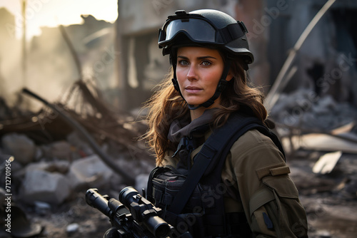 Portrait of female war journalist in bulletproof vest and helmet standing near destroyed buildings
