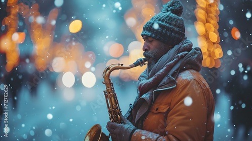 An urban musician playing saxophone amidst falling snowflakes at night. street performance in a wintry city setting. AI