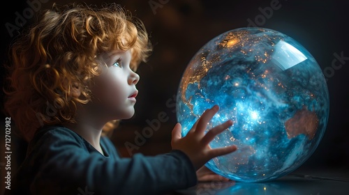 Young child in awe of a glowing celestial orb, wonder in their eyes. a magical moment captured. AI