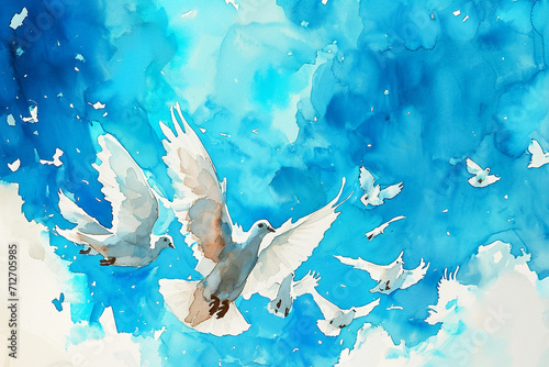 whimsical watercolor painting of a group of people releasing doves into the sky