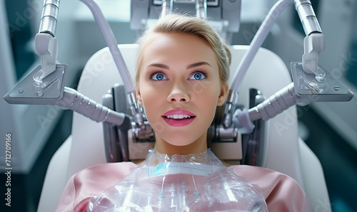 młoda dziewczyna na fotelu dentystycznym, białe zęby, nowoczesny jasny gabinet