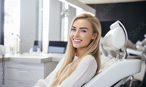 młoda dziewczyna na fotelu dentystycznym, białe zęby, nowoczesny jasny gabinet