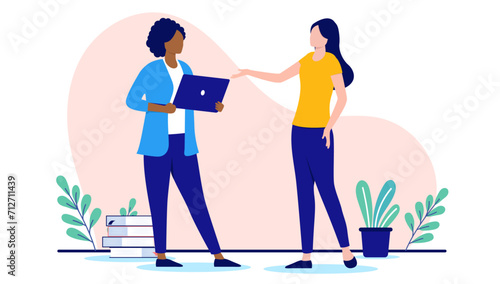 Businesswomen talking - Two women having conversation and dialogue together about work and business. Flat design vector illustration with white background